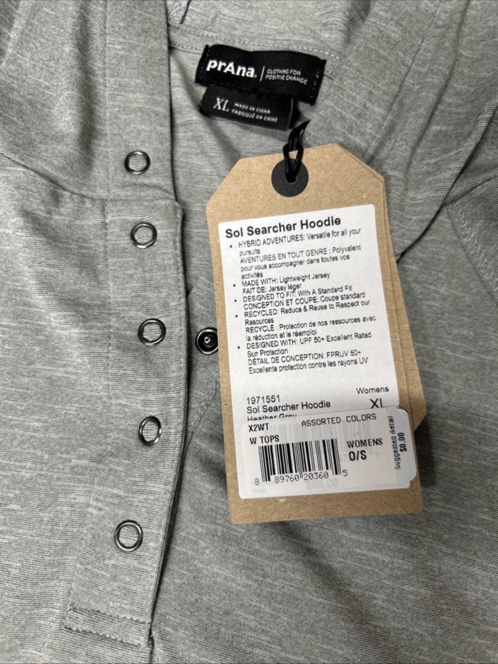 PrAna Sol Searcher NWT Thin layer Hoodie Women’s XL Gray Hooded UPF 50+ - Picture 2 of 8